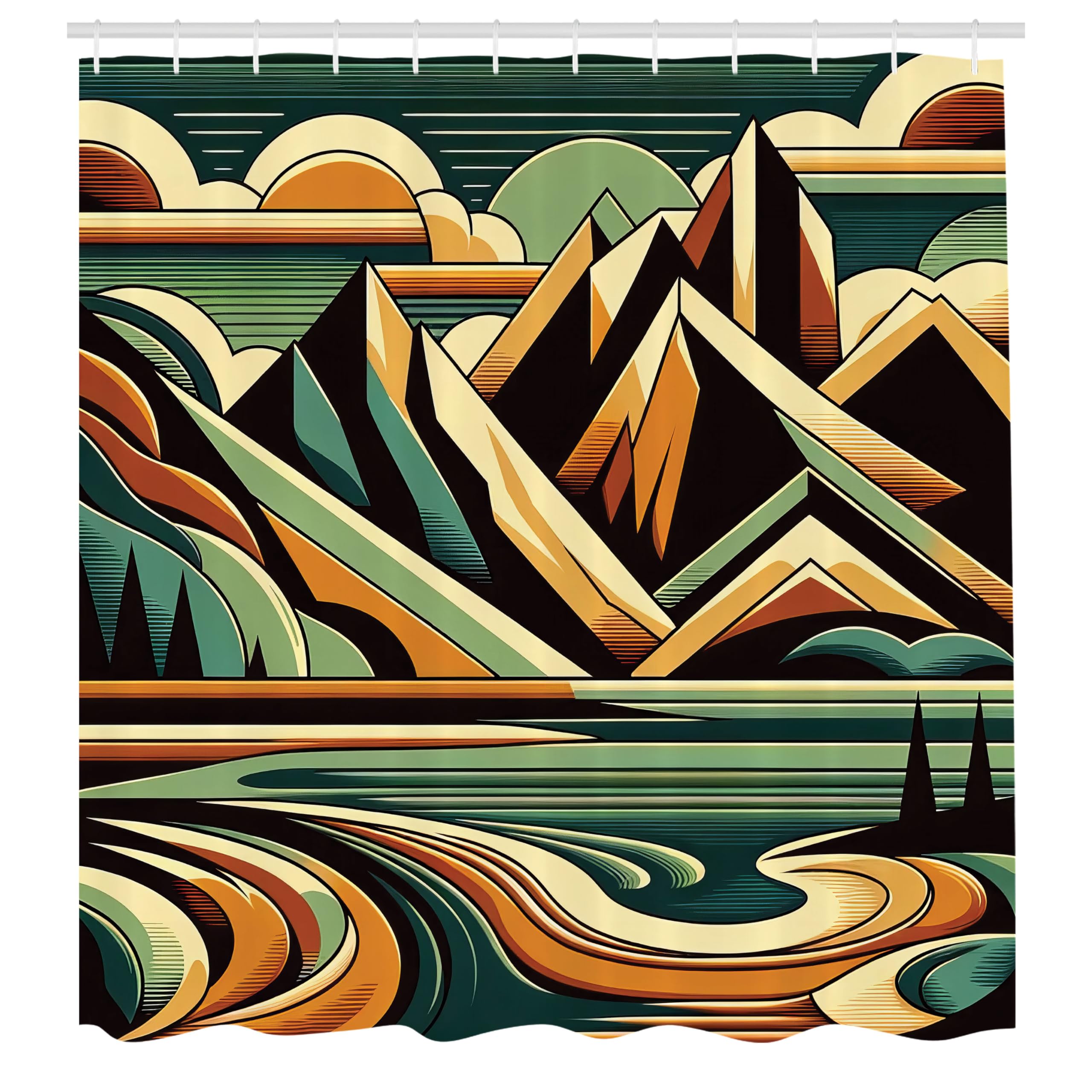 Ambesonne Lake Shower Curtain, Abstract Mid Century Modern Concept Mountain Landscape Nature Line Details, Cloth Fabric Bathroom